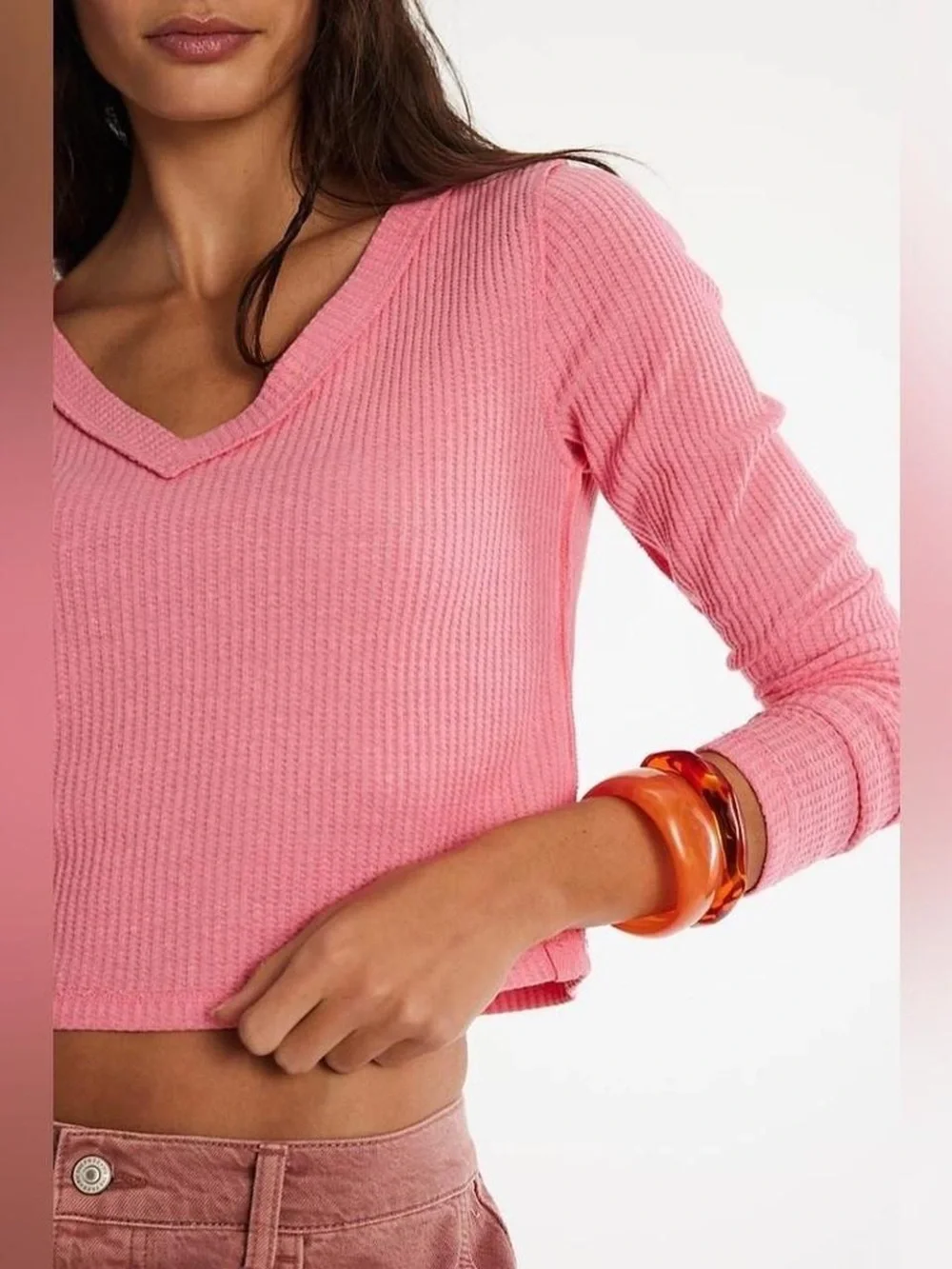 Free People Manchester Pink Waffle V-Neck Top